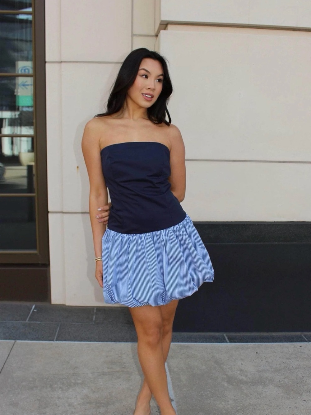 G/FORE Navy Strapless Bubble Hem Dress with Light Blue Stripe Skirt
